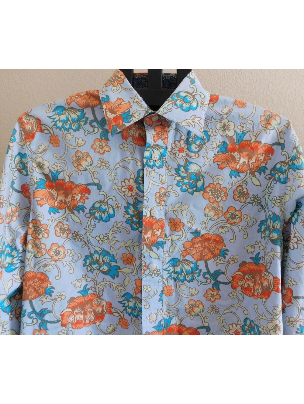 Structure Men's 100% Cotton Floral Print Button Up Shirt Size L Blue Orange - Picture 2 of 3
